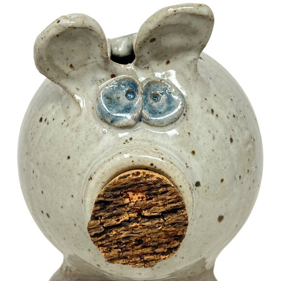 Handcrafted Ceramic Glazed Pottery Beige Blue Piggy Bank Cork Stopper Signed - Picture 4 of 8